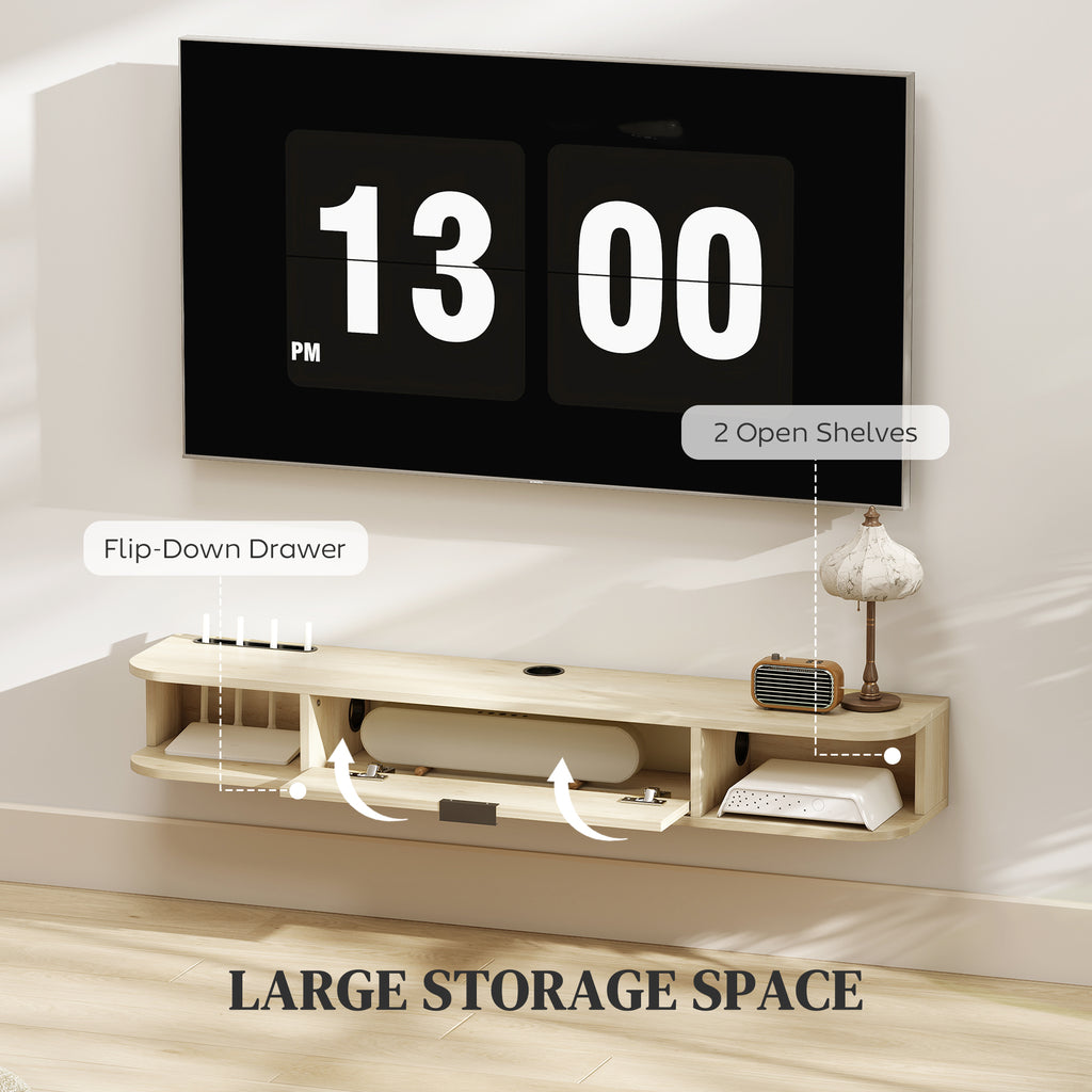 Natural Wood Floating TV Unit with Flip Drawer