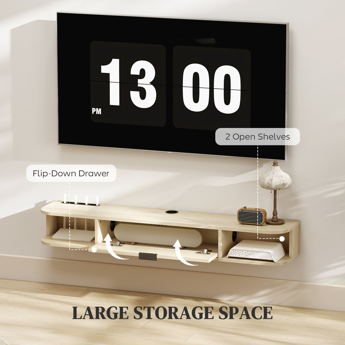 Natural Wood Floating TV Unit with Flip Drawer