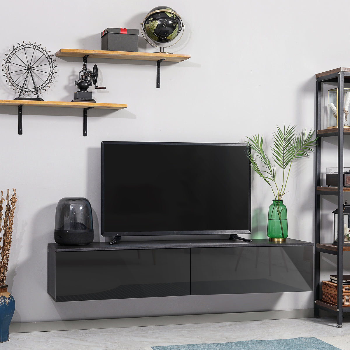 High Gloss Floating TV Cabinet with 2 Cupboards - Grey