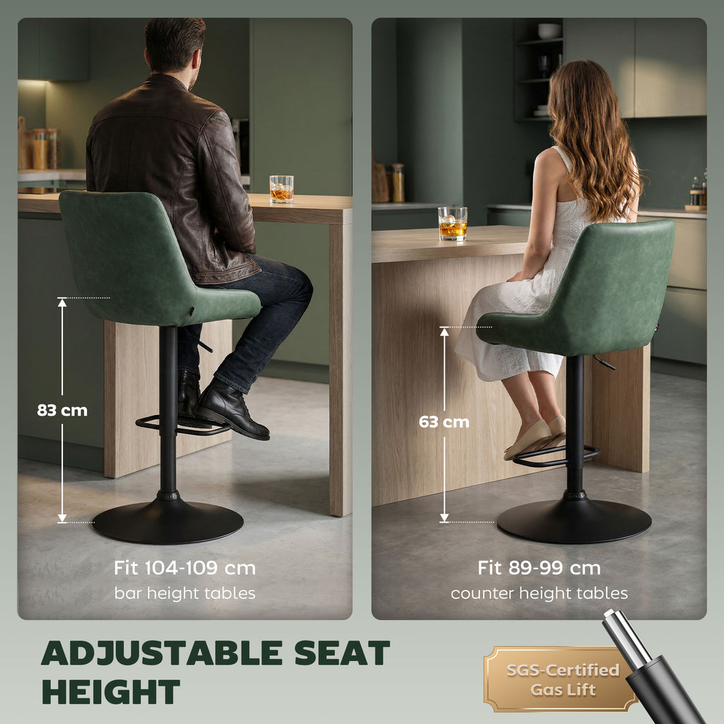 Retro Faux Leather Bar Stools Set of 2 with Adjustable Height - Green