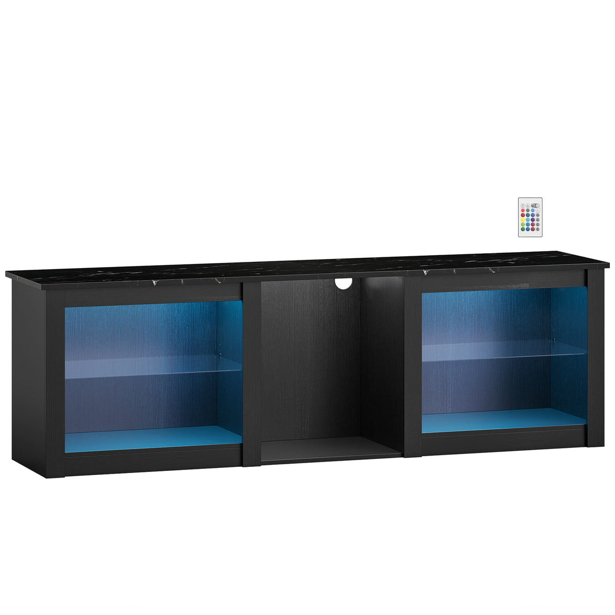Black TV Stand with RGB LED Lights and Glass Shelves