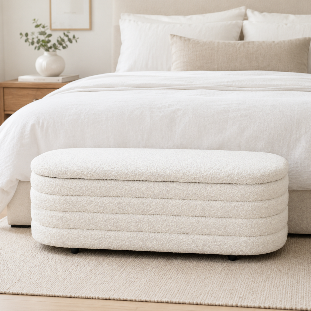 Ivory Boucle Storage Bench with Teak Frame Modern Home Storage