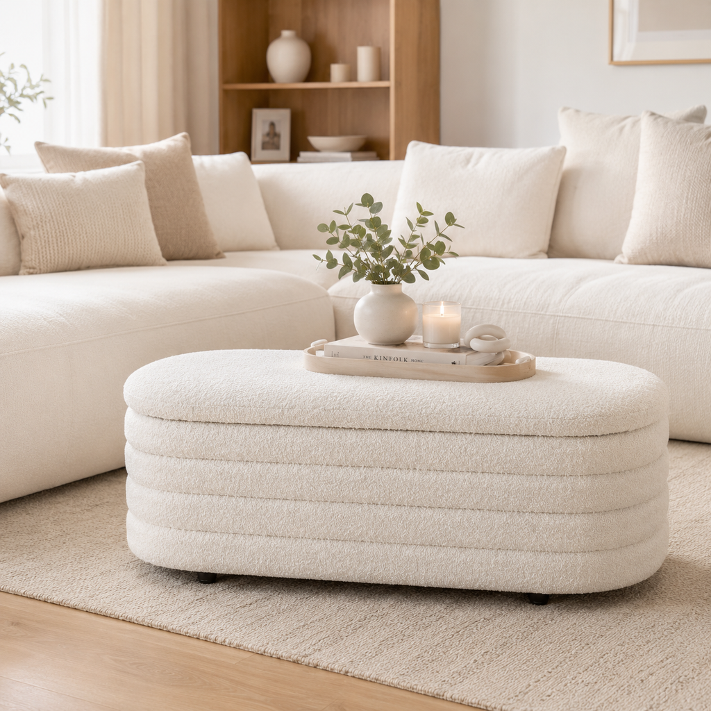Ivory Boucle Storage Bench with Teak Frame Modern Home Storage