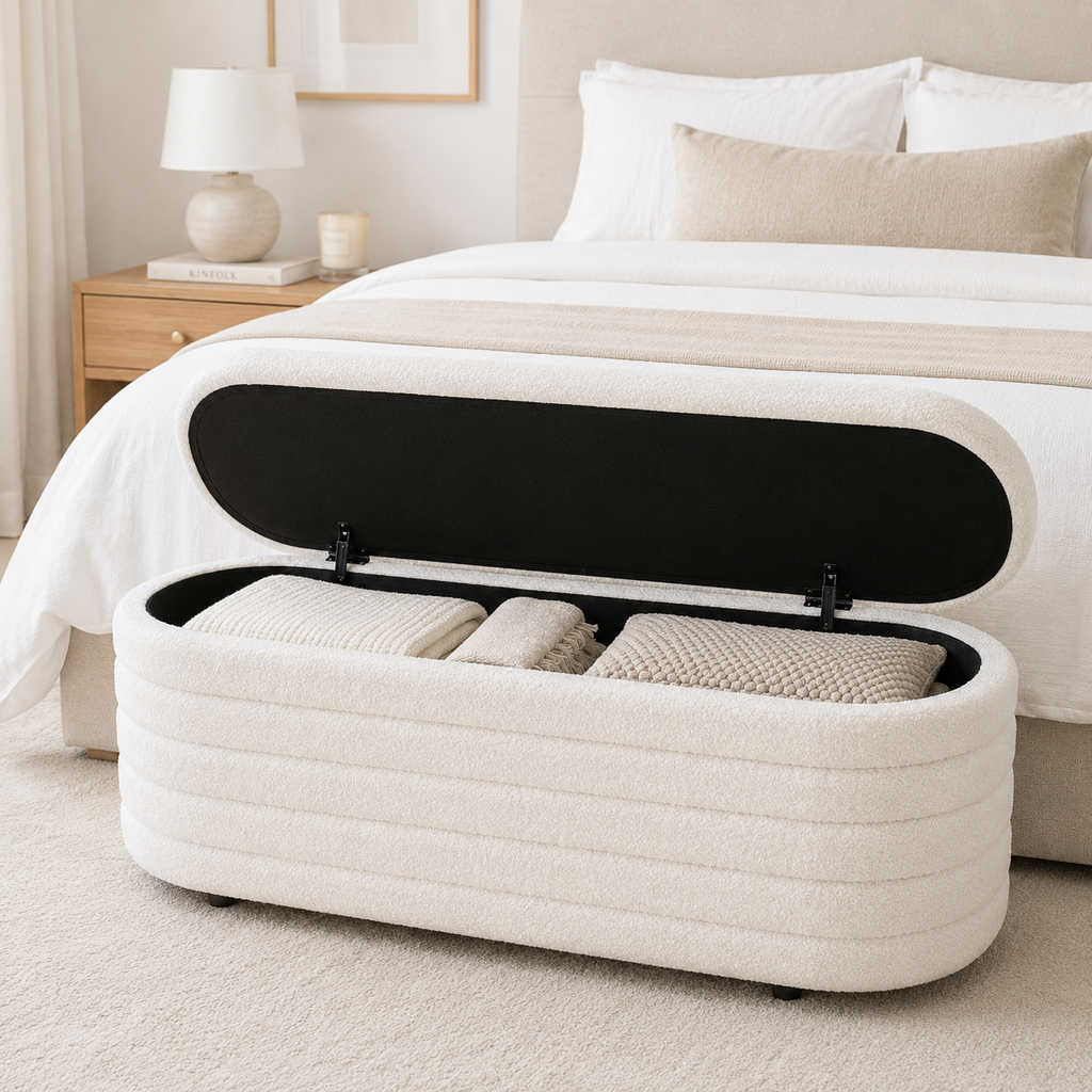Ivory Boucle Storage Bench with Teak Frame Modern Home Storage