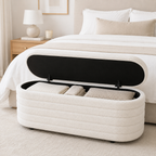 Ivory Boucle Storage Bench with Teak Frame Modern Home Storage