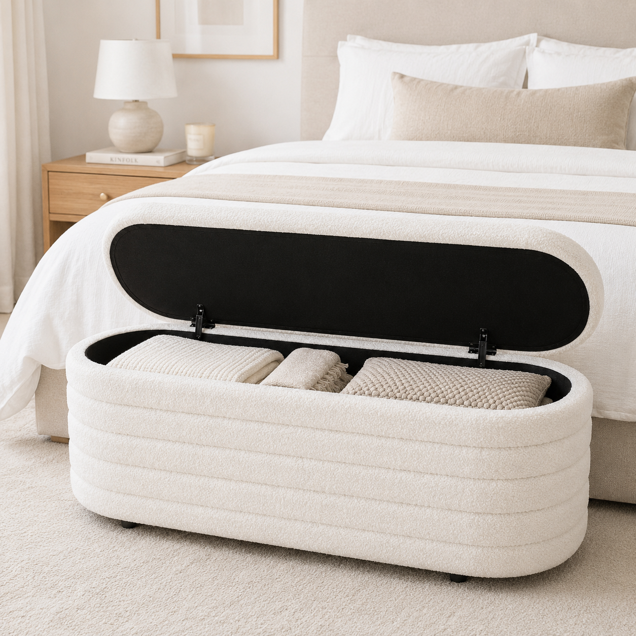 Ivory Boucle Storage Bench with Teak Frame Modern Home Storage