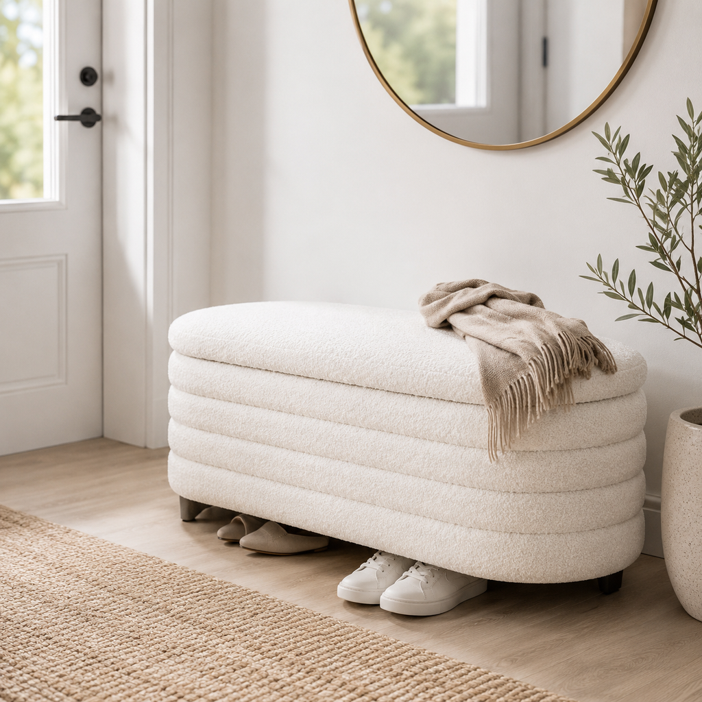Ivory Boucle Storage Bench with Teak Frame Modern Home Storage