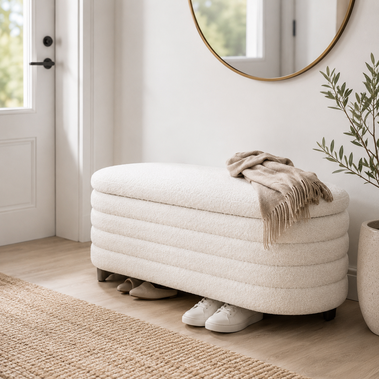 Ivory Boucle Storage Bench with Teak Frame Modern Home Storage