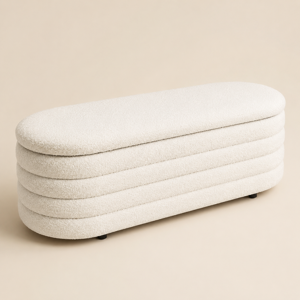Ivory Boucle Storage Bench with Teak Frame Modern Home Storage
