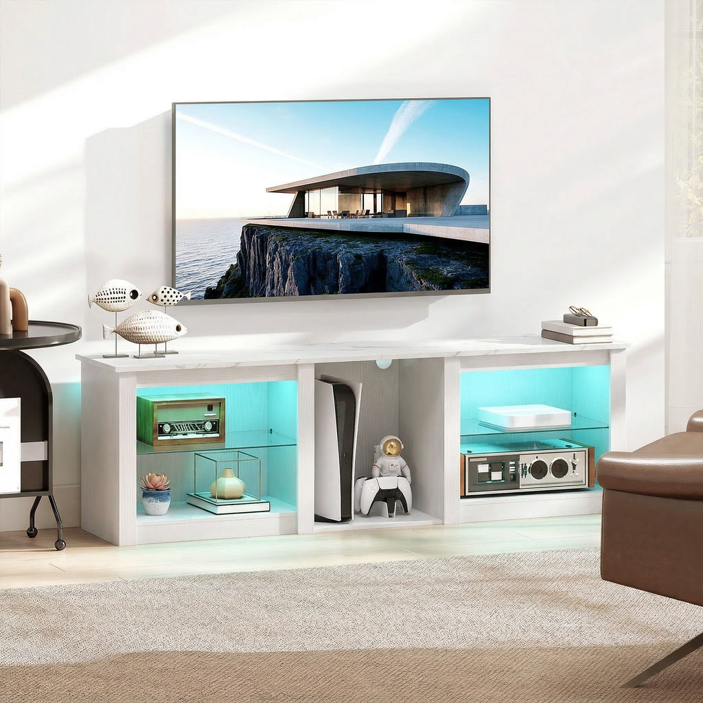 TV Stand with RGB LED Lights and Glass Shelves - White