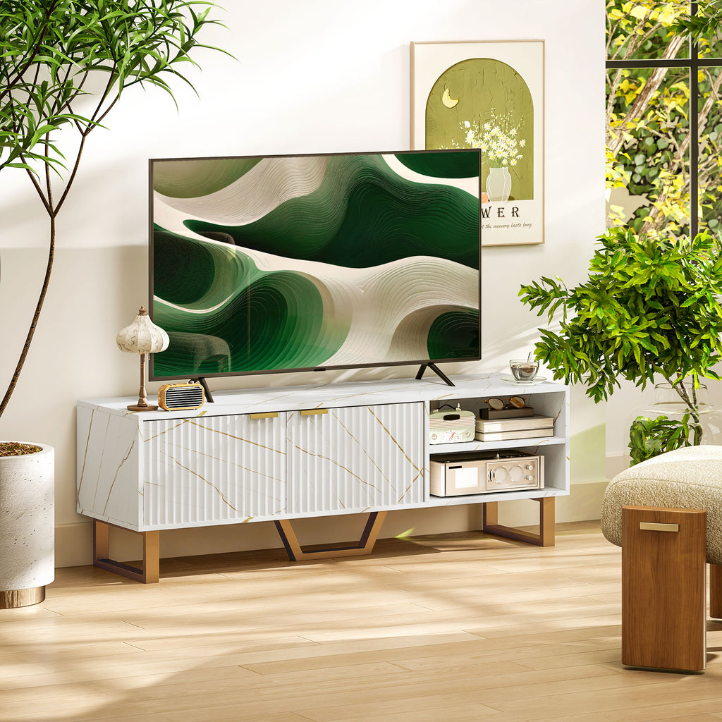 White Marble Effect TV Unit with Fluted Cabinet Doors