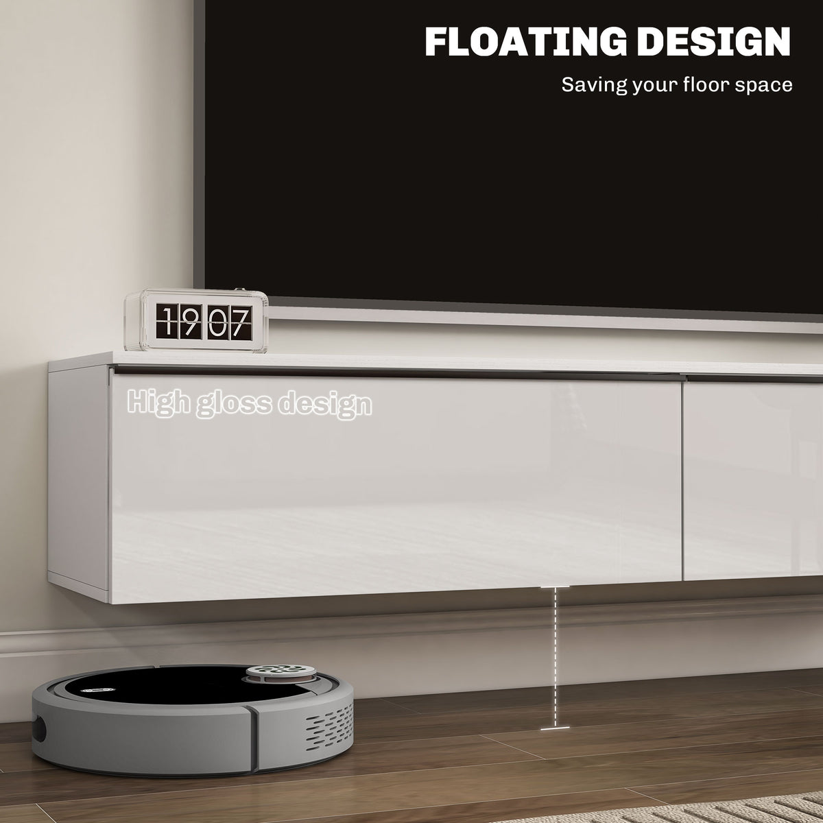 White High Gloss Floating TV Cabinet with 2 Cupboards