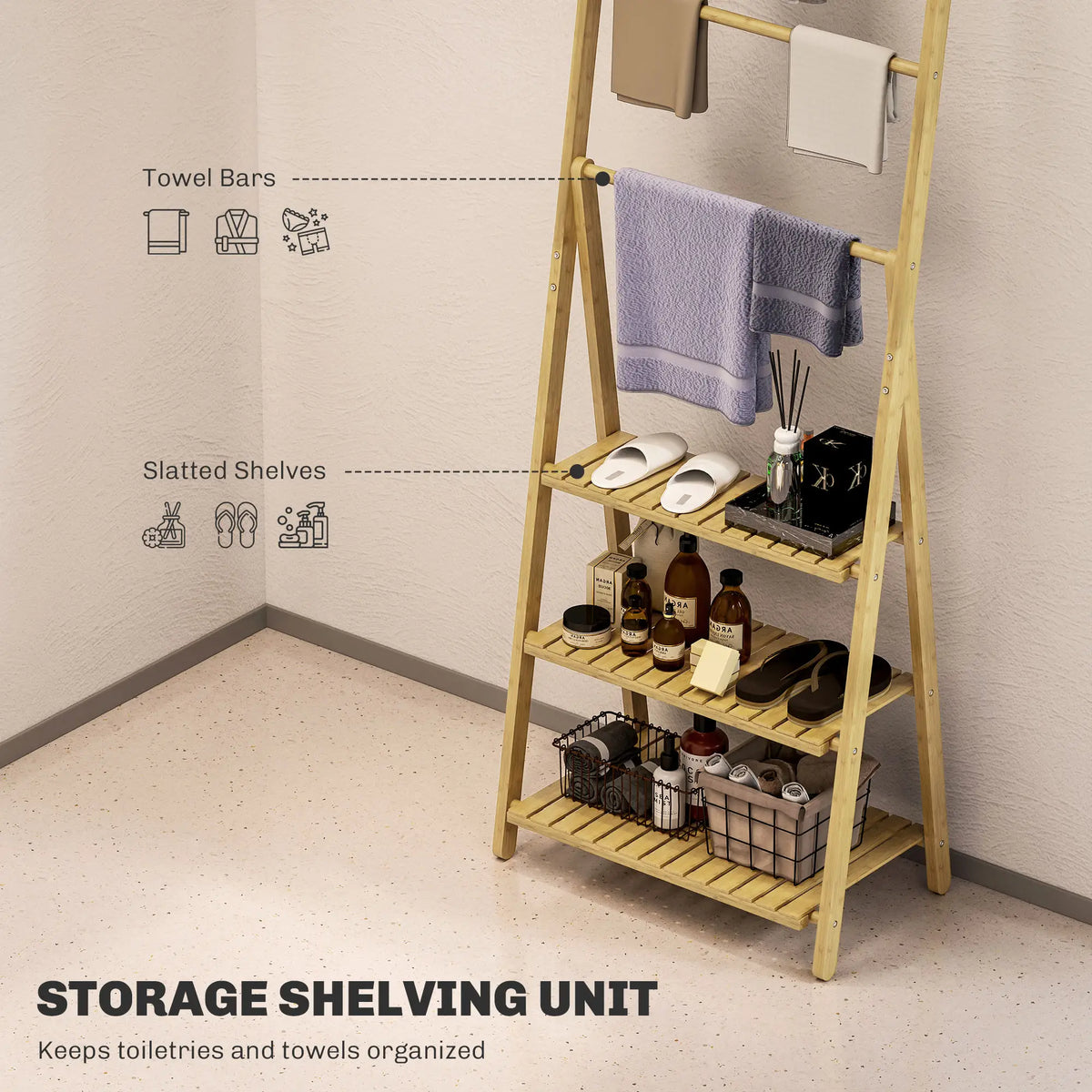 A-Frame Bamboo Storage Shelf with 3 Towel Bars Natural