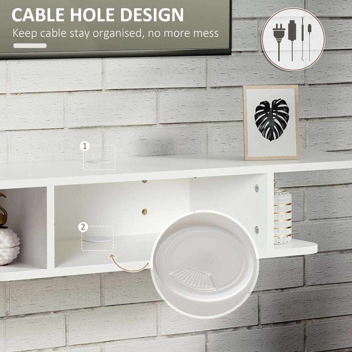 White Floating Wall-Mounted TV Shelf with Storage