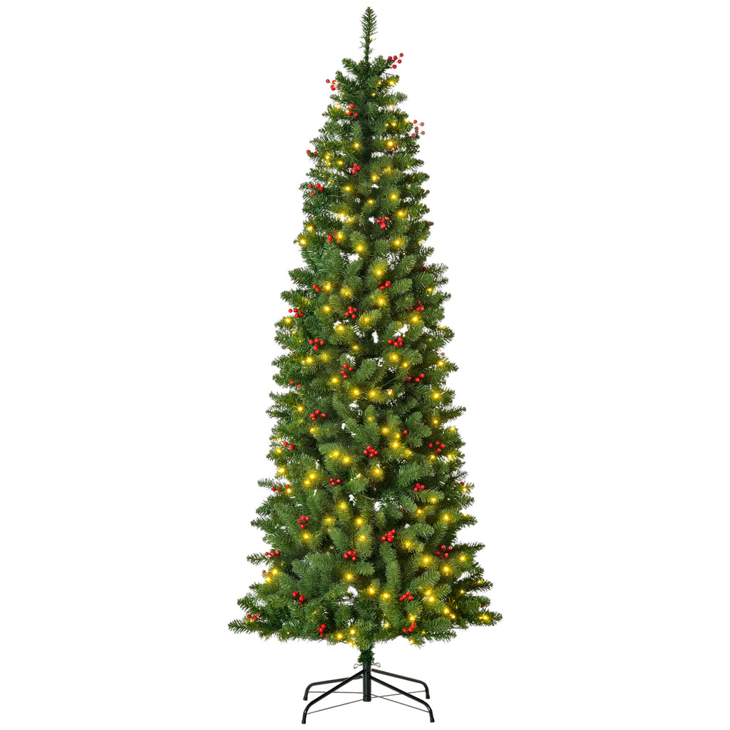 7 Foot Prelit Artificial Pencil Christmas Tree with Warm White LED Lights and Red Berries