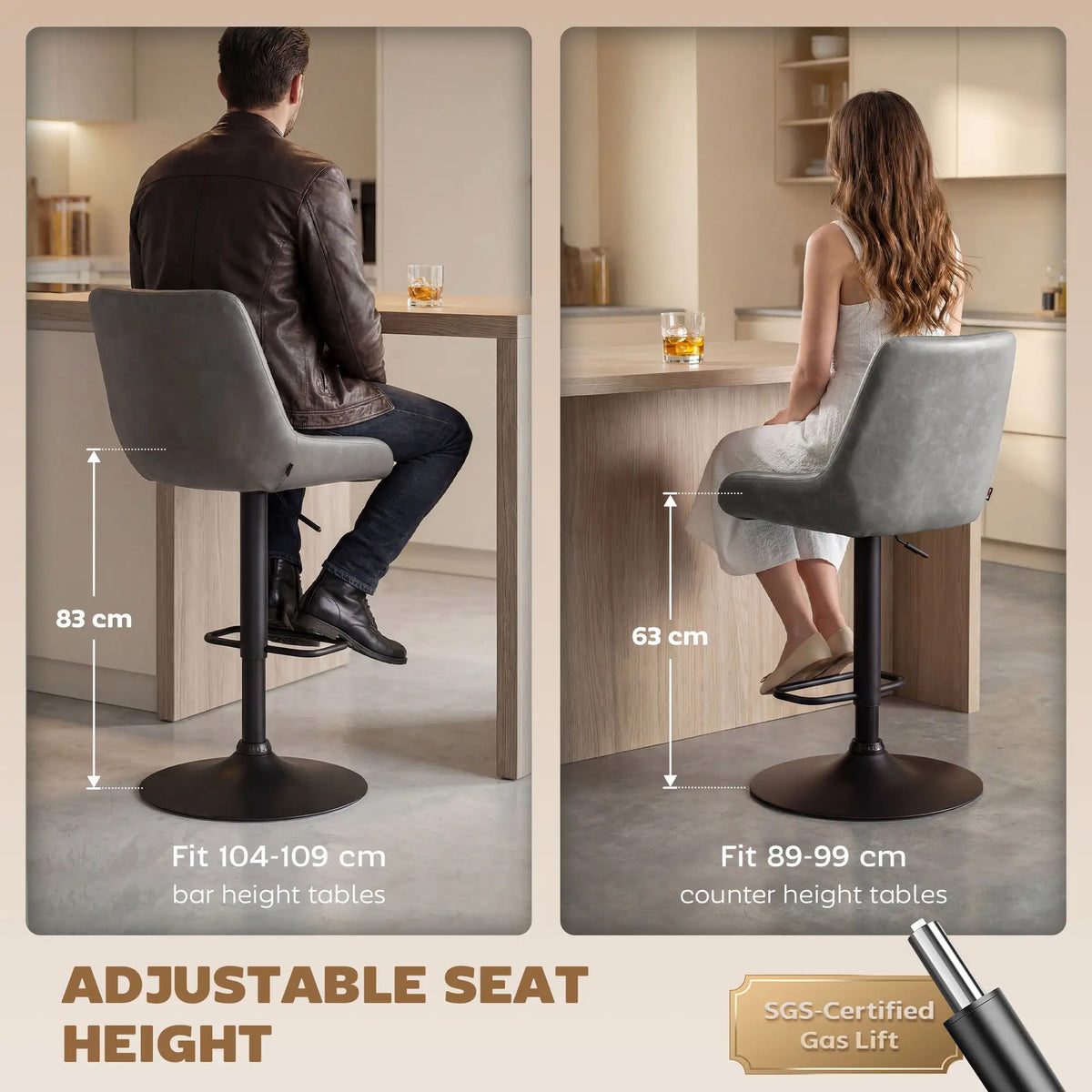 Retro Faux Leather Bar Stools Set of 2 with Adjustable Height