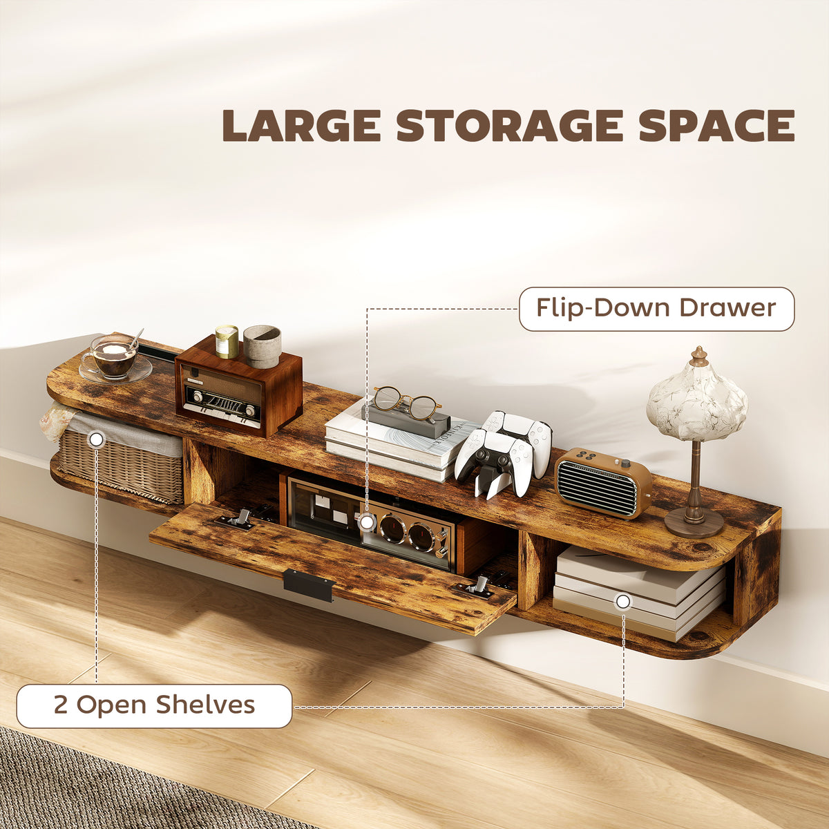 Natural Wood Floating TV Unit with Flip Drawer - Rustic Brown