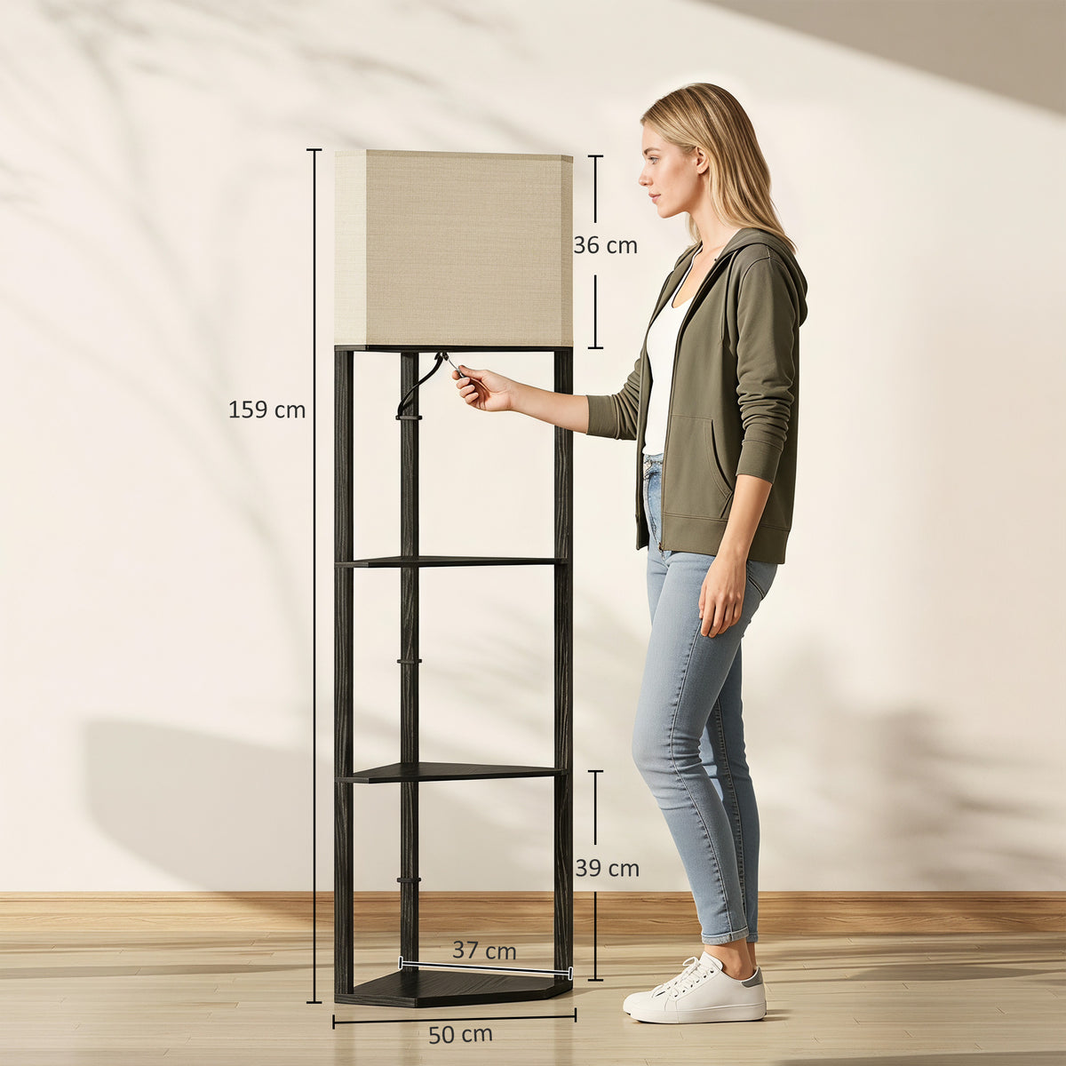 Corner Design Floor Lamp with Shelves and Pull Chain Switch