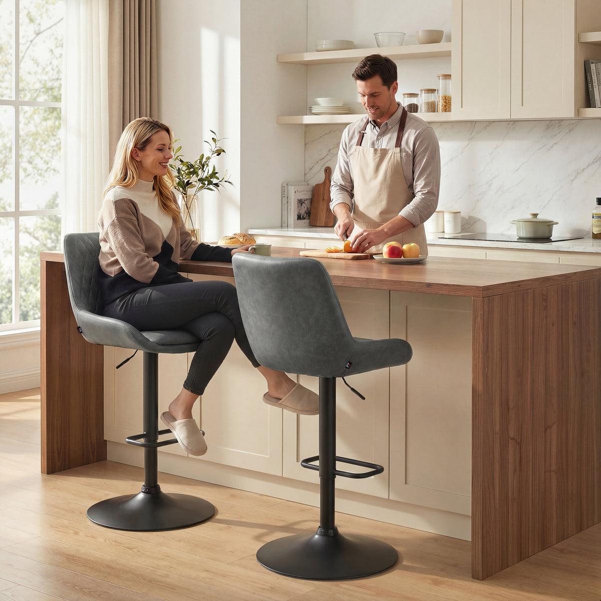 Retro Faux Leather Bar Stools Set of 2 with Adjustable Height