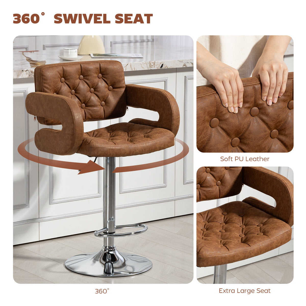 PU Leather Swivel Bar Stool with Backrest and Footrest - Brown