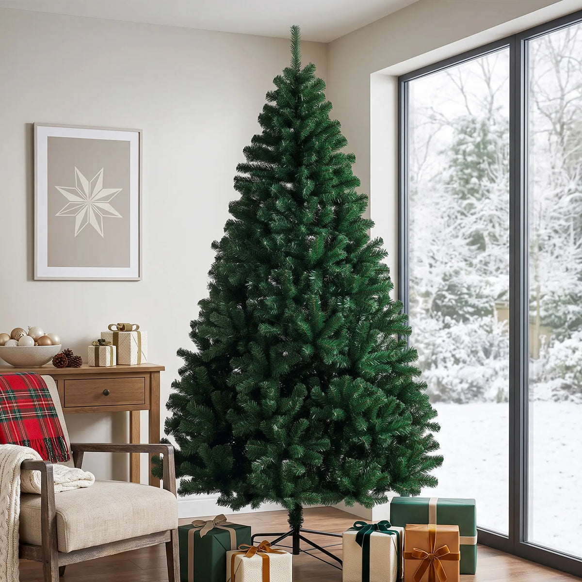 7ft Hinged Fir Christmas Tree with Foldable Steel Stand Green