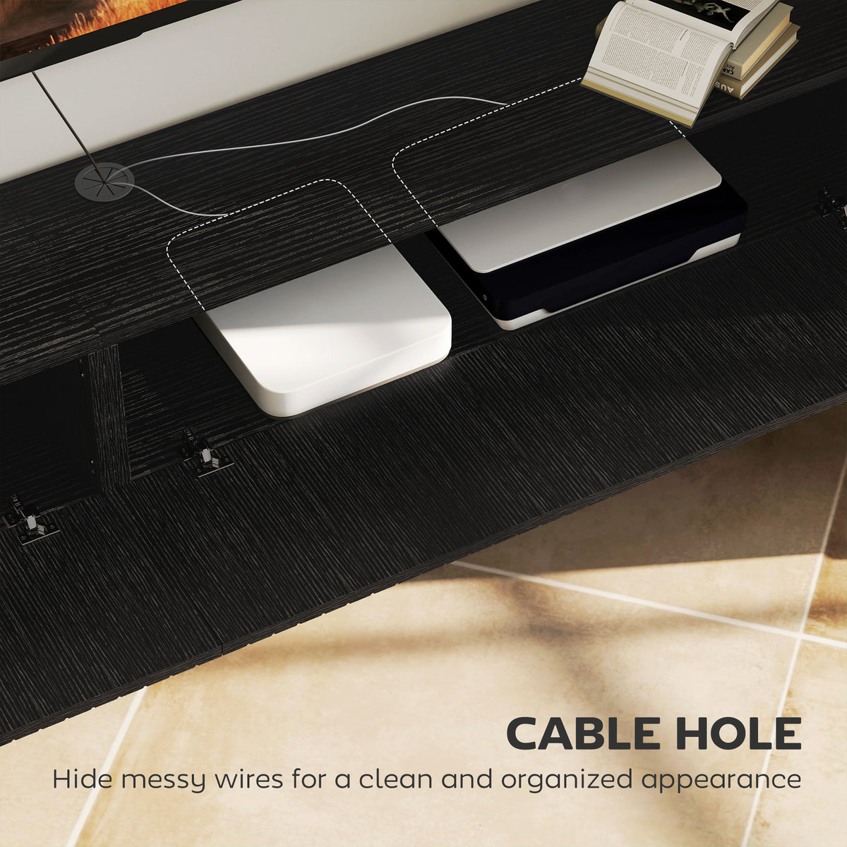 Black Fluted Floating TV Stand with Cable Management