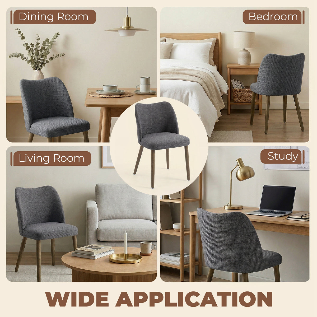 Linen Upholstered Dining Chairs Set of 2 with Curved Backrest Dark Grey