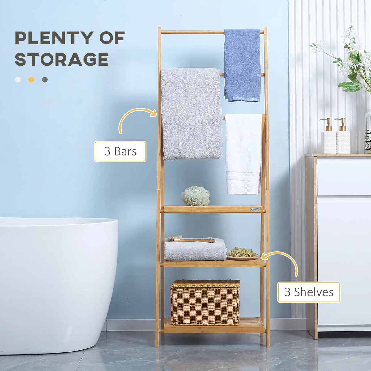 Foldable Bamboo Ladder Towel Rack with 3 Storage Shelves Natural