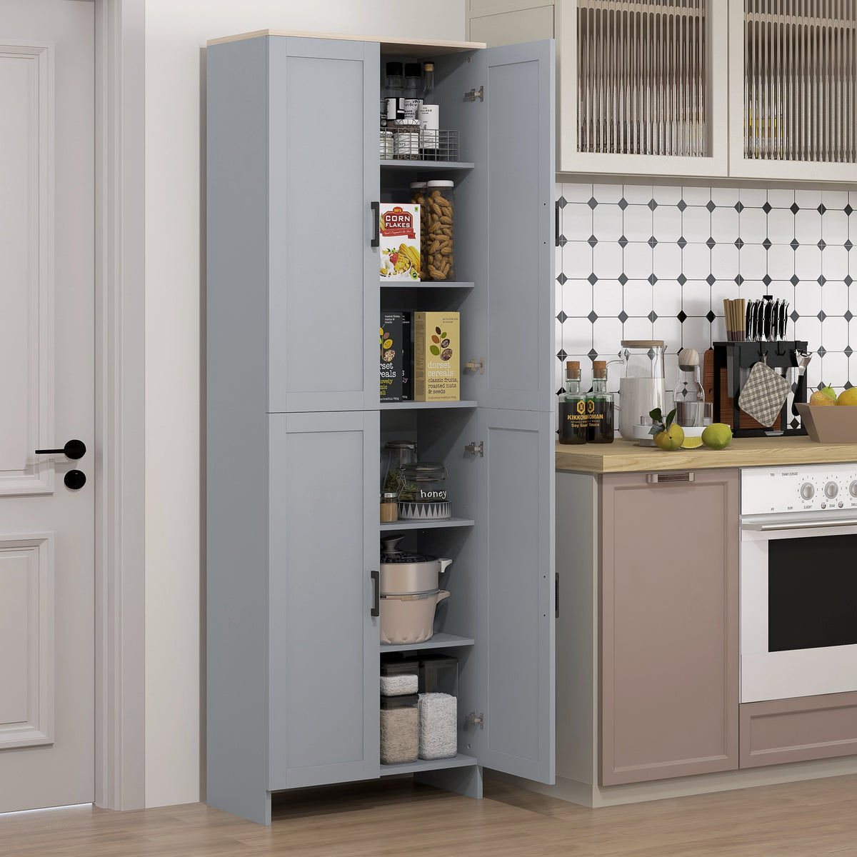 Slim Tall Storage Cupboard with Six-Tier Adjustable Shelving