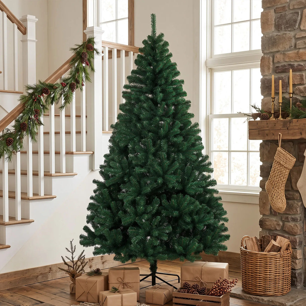 7ft Hinged Fir Christmas Tree with Foldable Steel Stand Green