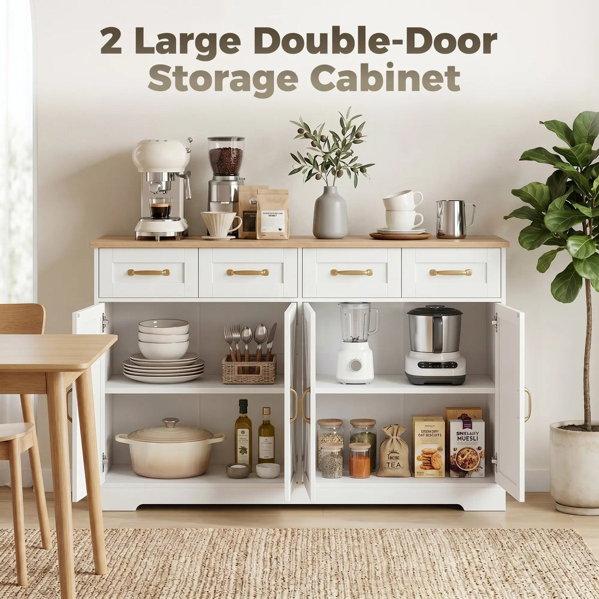 Sideboard Buffet Cabinet with Four Drawers and Adjustable Shelves