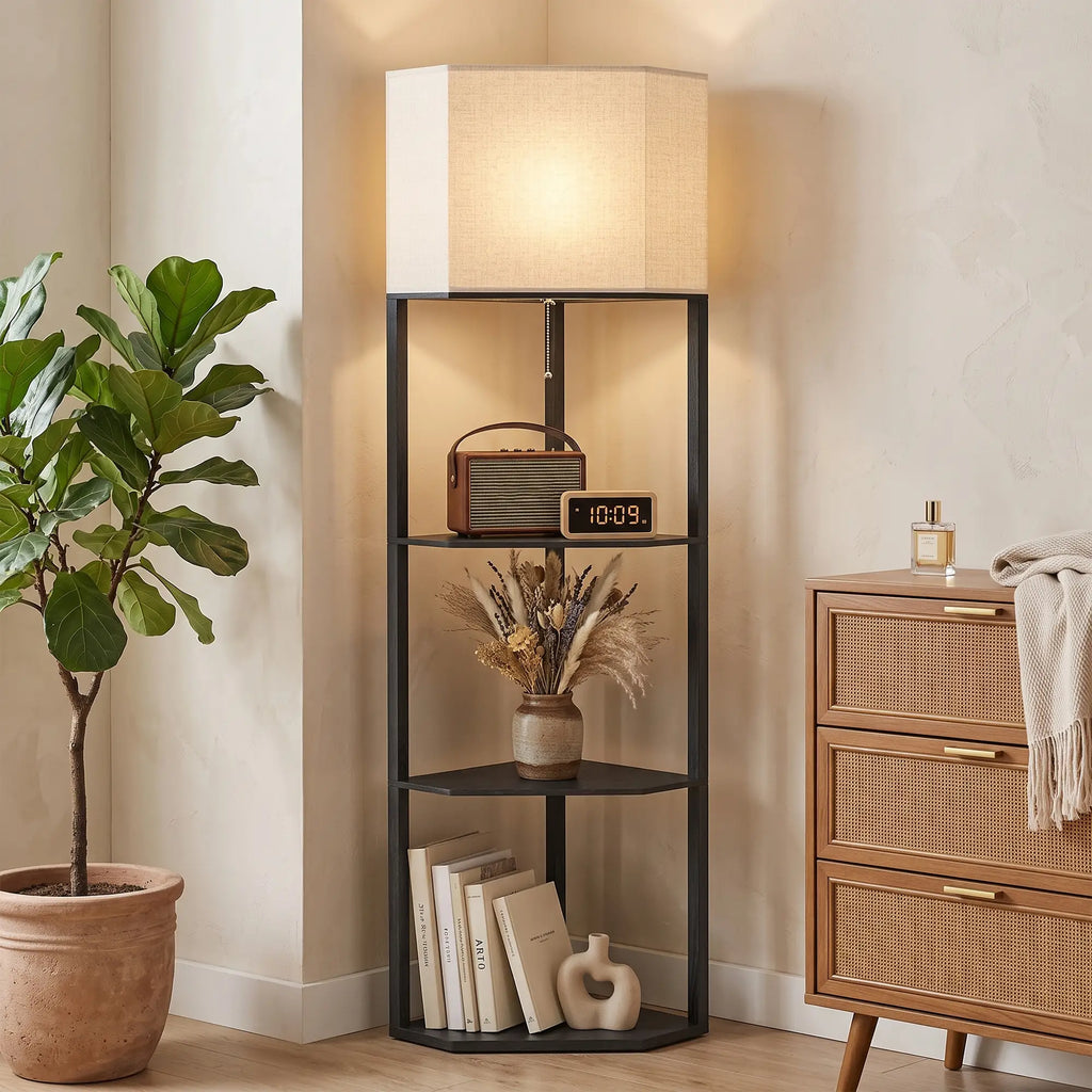 Corner Design Floor Lamp with Shelves and Pull Chain Switch