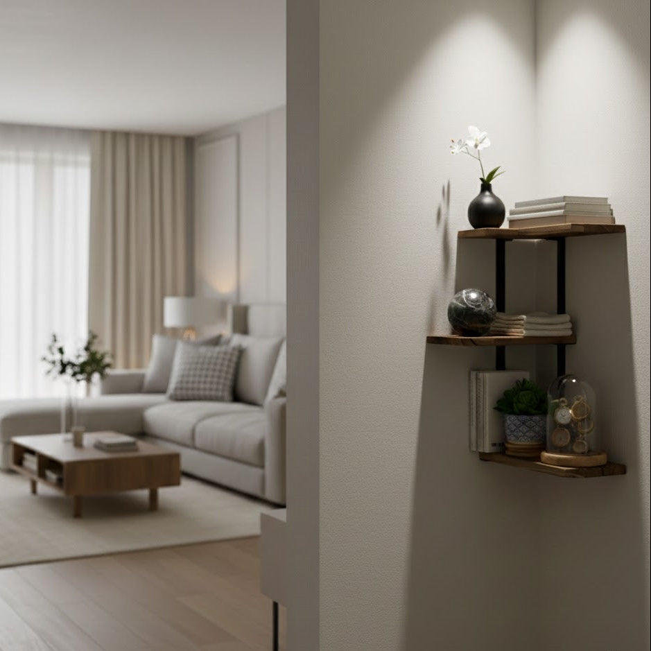 Lucca 3-Tier Corner Floating Shelf with Wood & Metal Frame