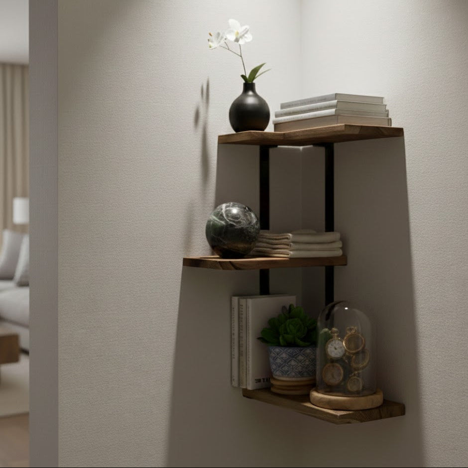 Lucca 3-Tier Corner Floating Shelf with Wood & Metal Frame