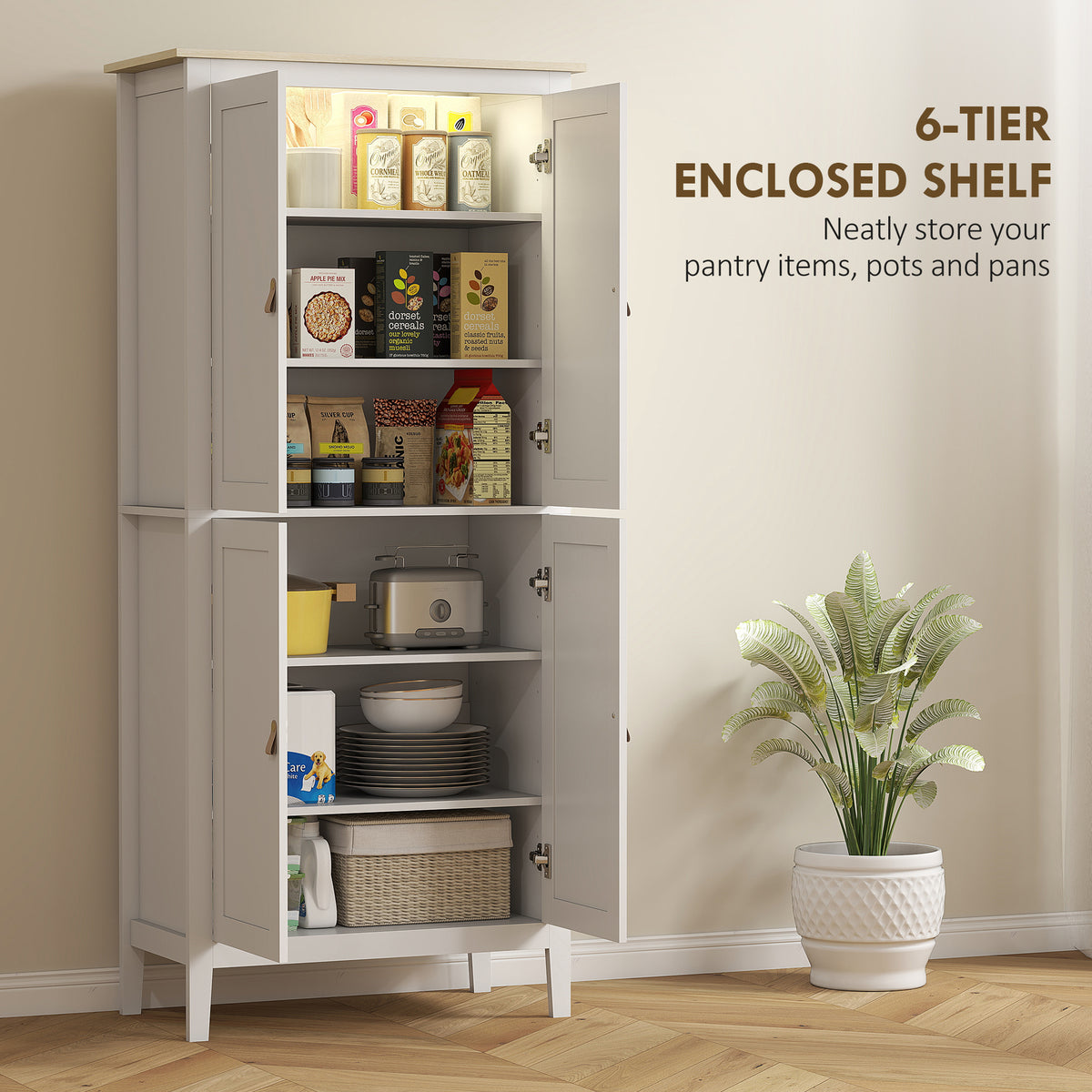 Tall Pantry Cupboard with Motion Sensor LED Light White