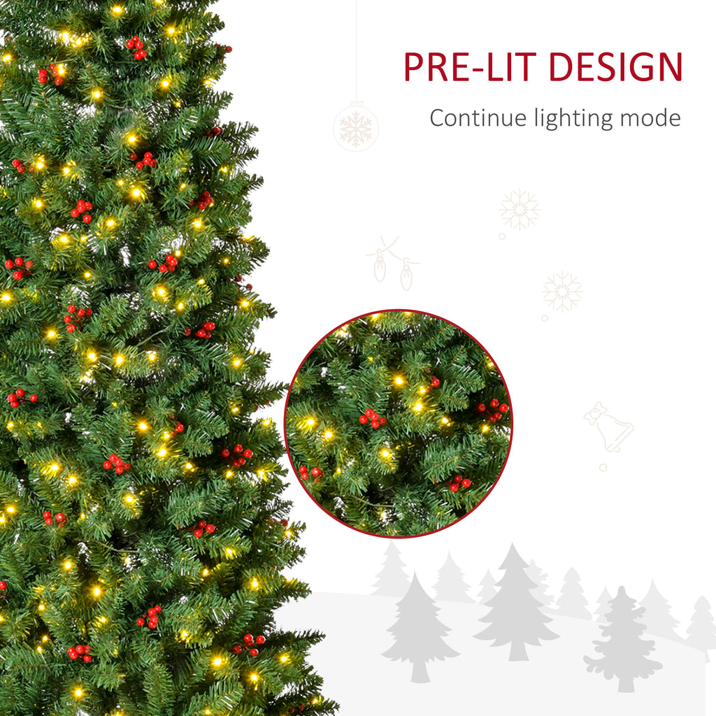 7 Foot Prelit Artificial Pencil Christmas Tree with Warm White LED Lights and Red Berries