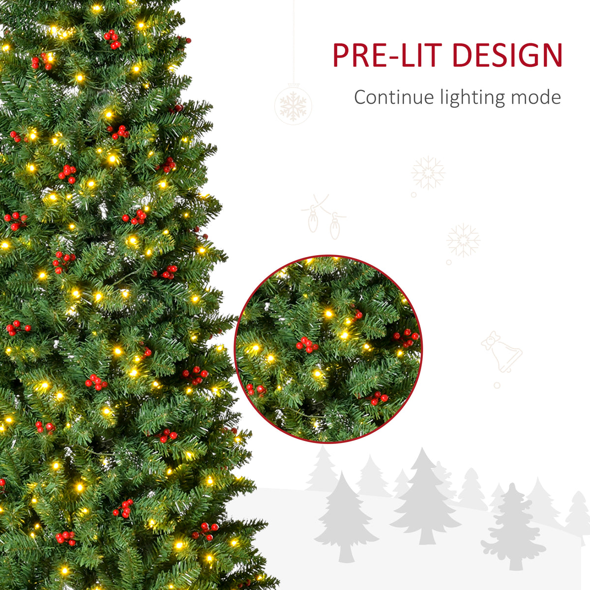 7 Foot Prelit Artificial Pencil Christmas Tree with Warm White LED Lights and Red Berries