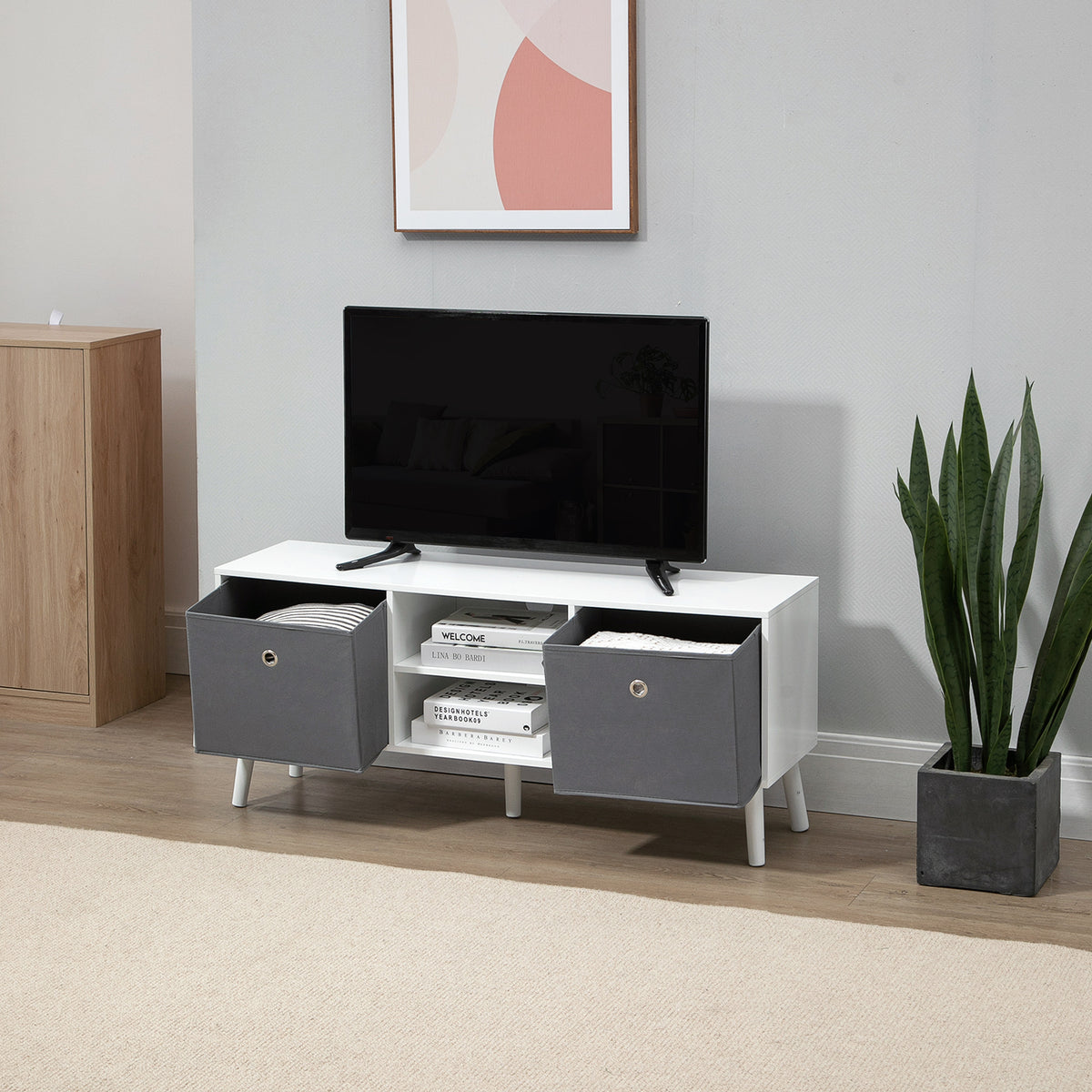 White and Grey TV Stand with 2 Drawers and 2 Shelves