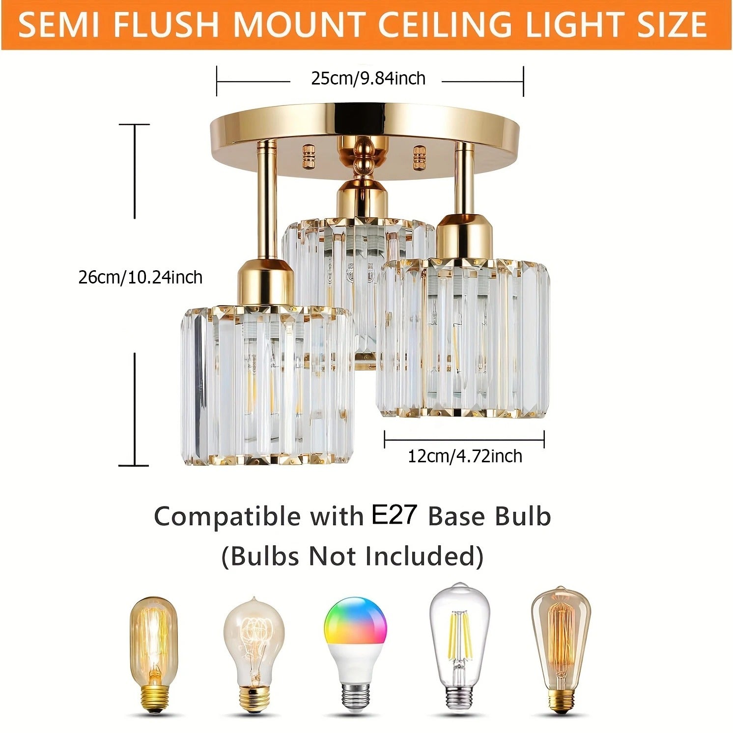 Modern Crystal Ceiling Light with 3-Light Semi Flush Mount