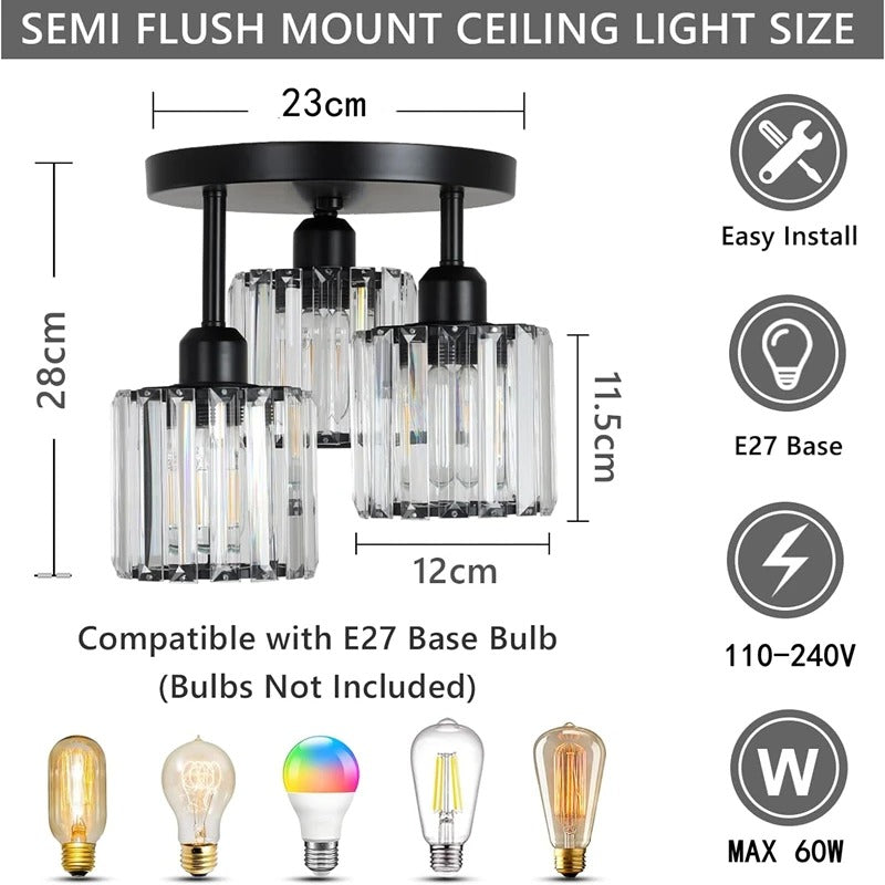 Modern Crystal Ceiling Light with 3-Light Semi Flush Mount