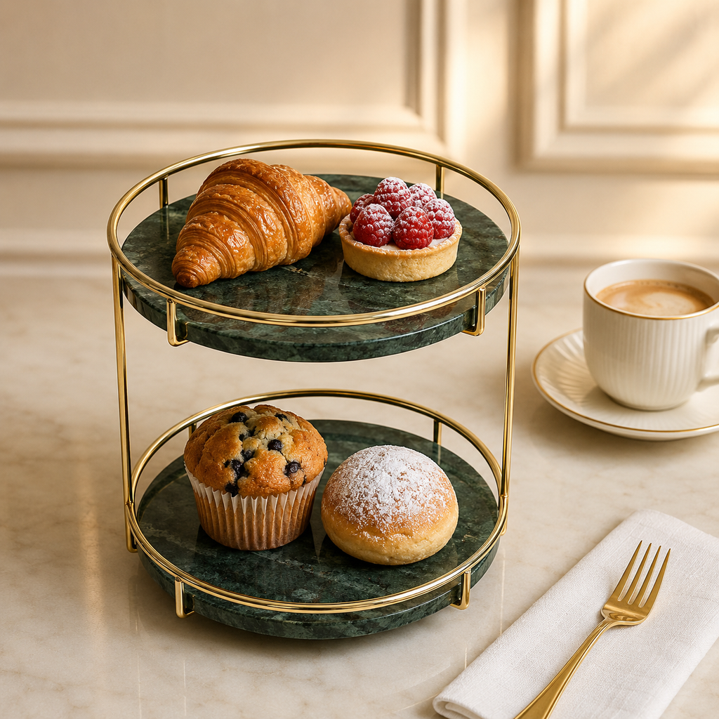 Round Marble Two-Tier Display Tray with Gold Frame