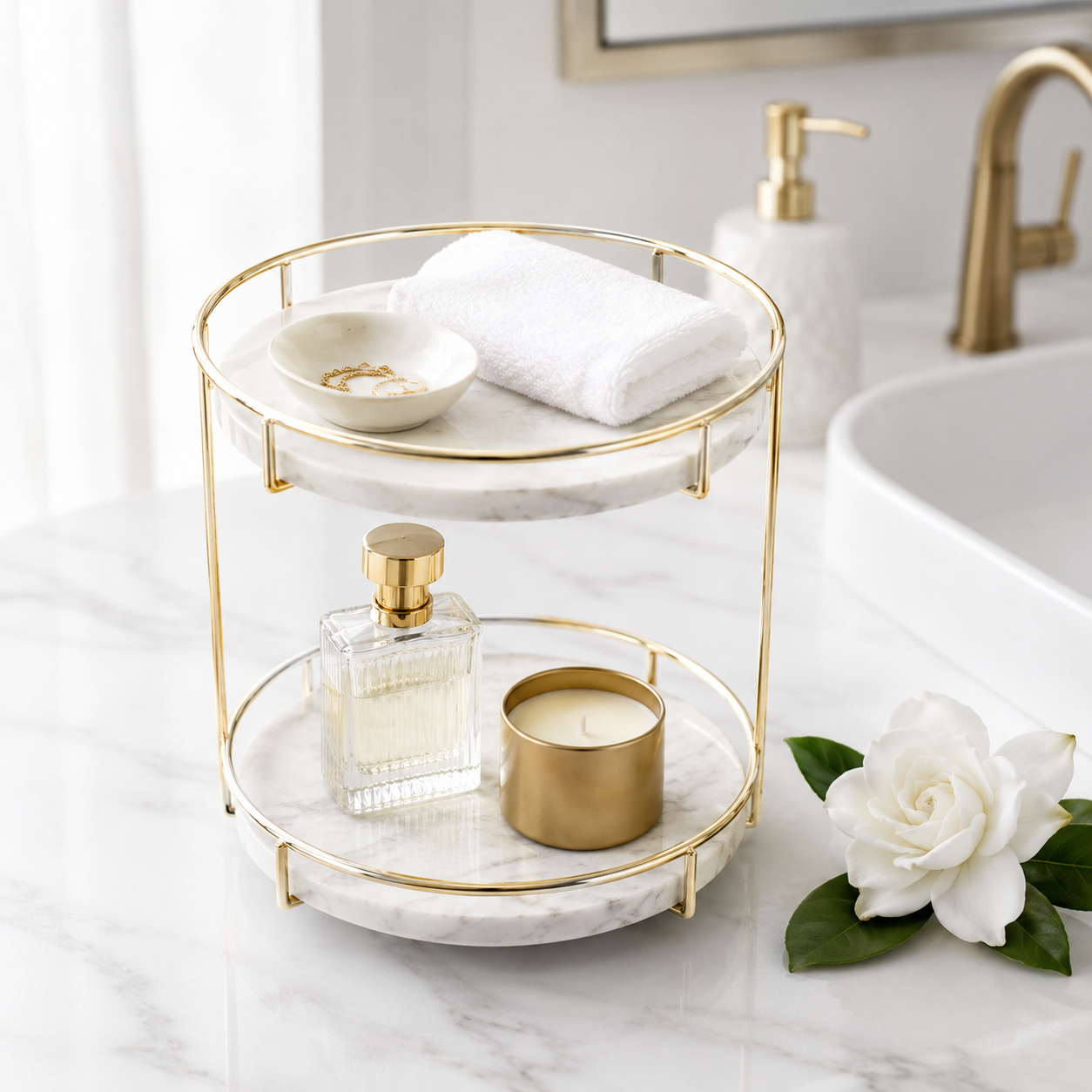 Round Marble Two-Tier Display Tray with Gold Frame