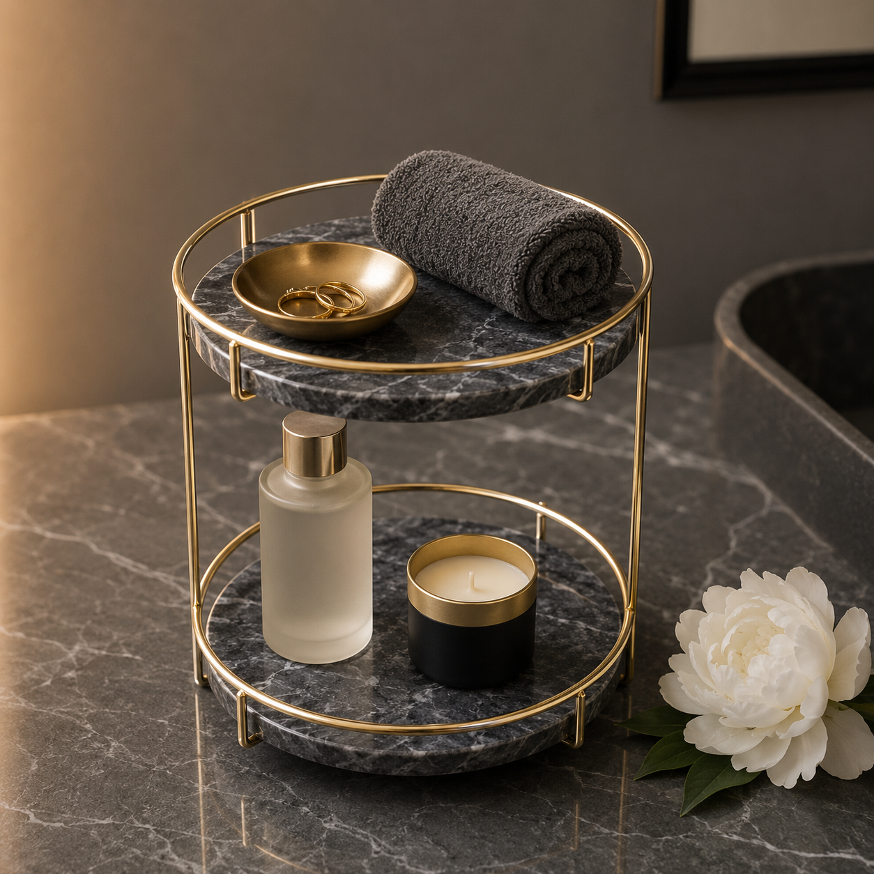Round Marble Two-Tier Display Tray with Gold Frame