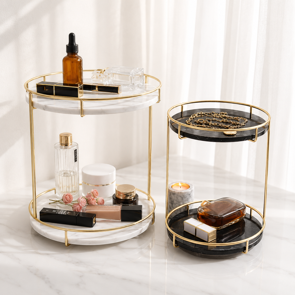 Round Marble Two-Tier Display Tray with Gold Frame
