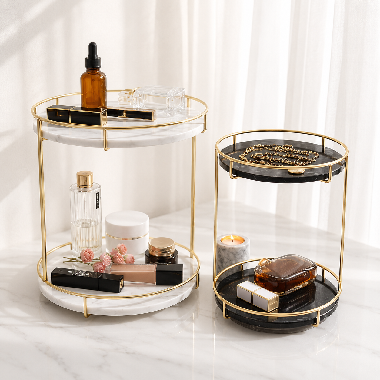 Round Marble Two-Tier Display Tray with Gold Frame