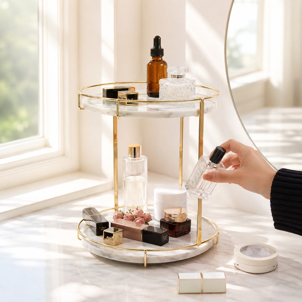 Round Marble Two-Tier Display Tray with Gold Frame