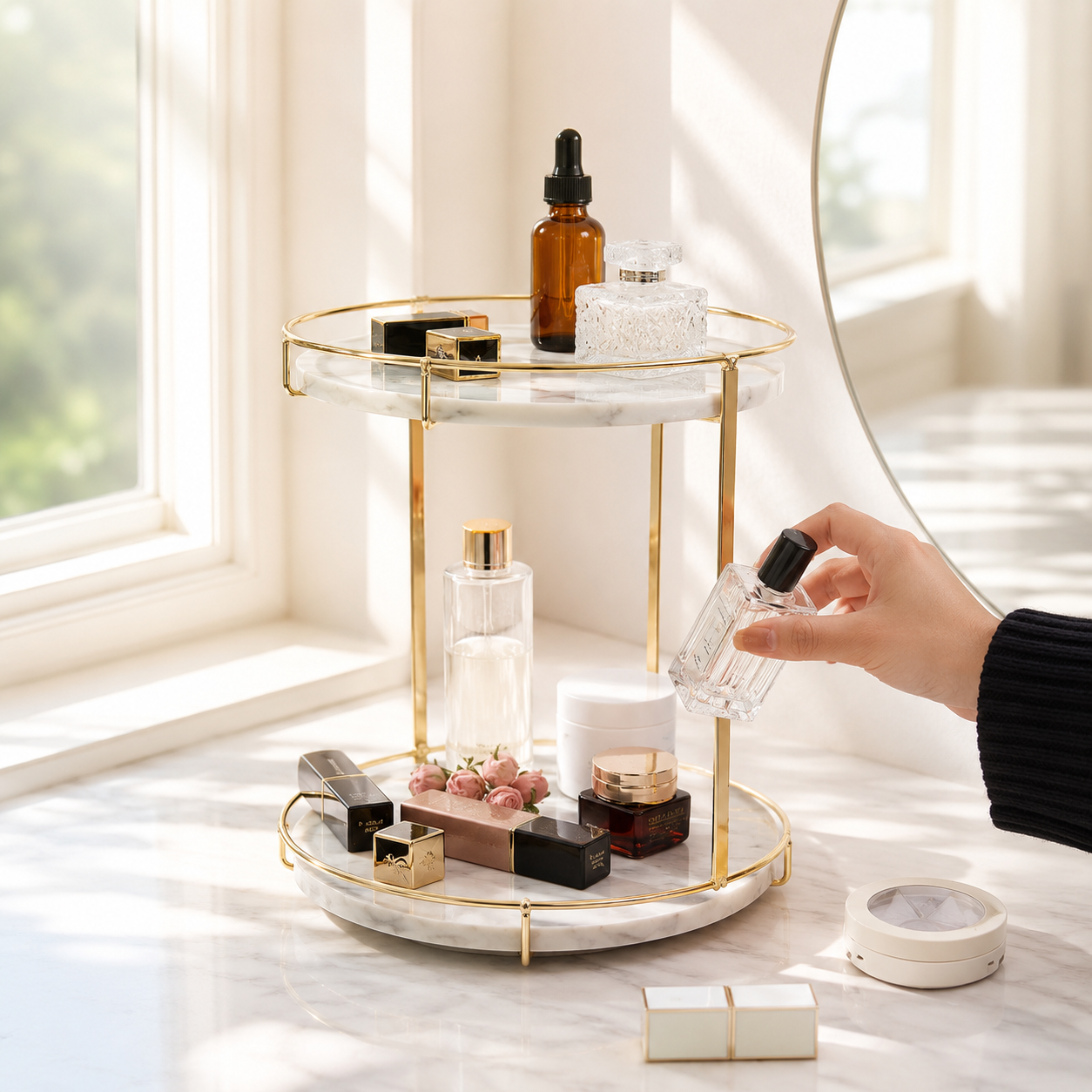 Round Marble Two-Tier Display Tray with Gold Frame