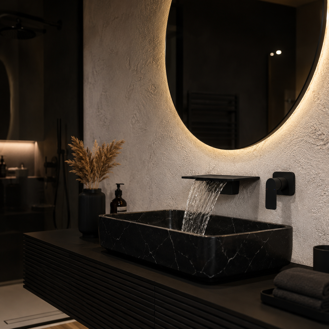Matte Black Wall Mounted Waterfall Bathroom Faucet Modern Bathroom Decor