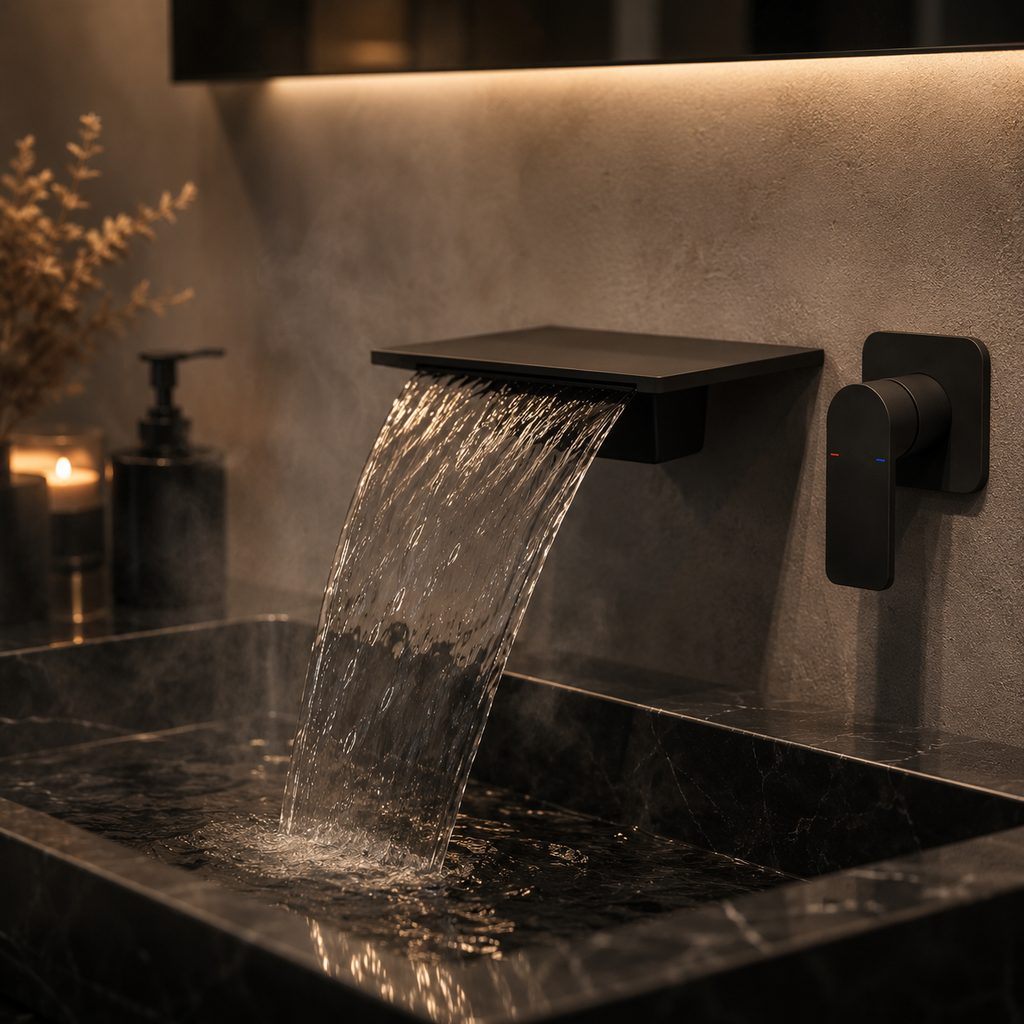 Matte Black Wall Mounted Waterfall Bathroom Faucet Modern Bathroom Decor