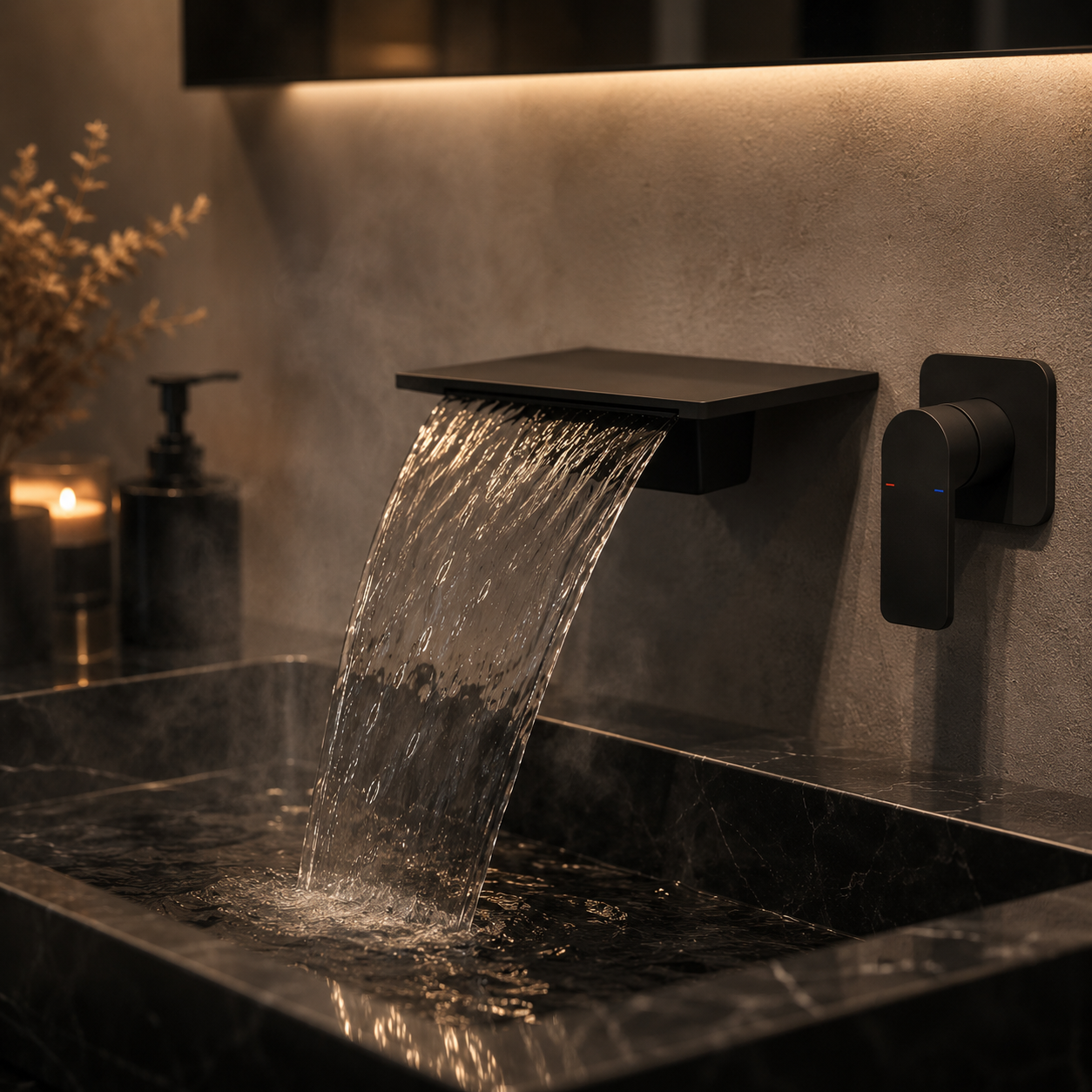 Matte Black Wall Mounted Waterfall Bathroom Faucet Modern Bathroom Decor